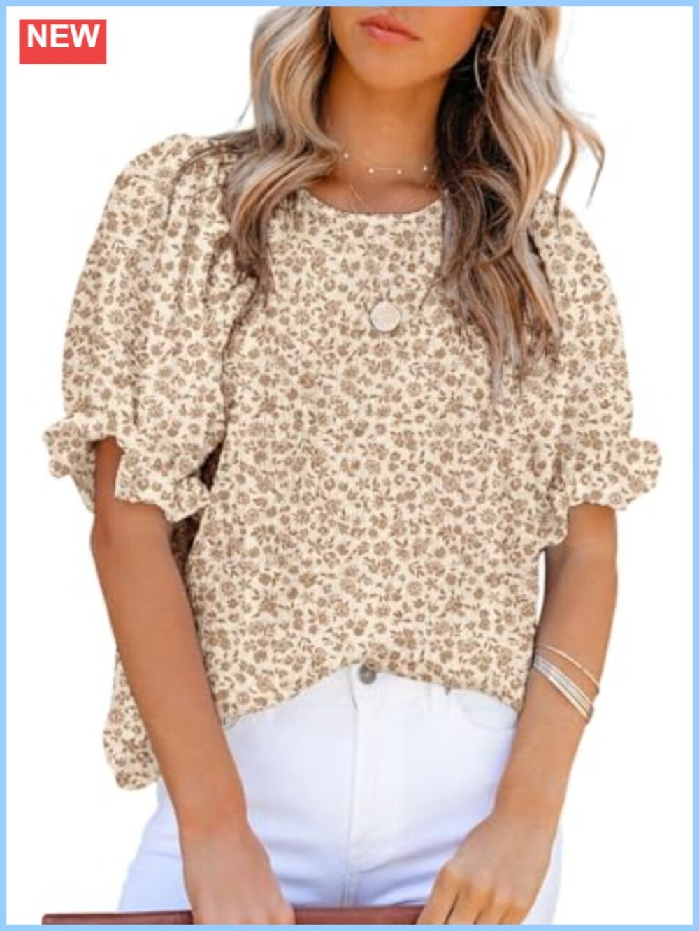 Puff Sleeve Floral Tunic Blouse - Relaxed Fit Short Sleeve Casual Top